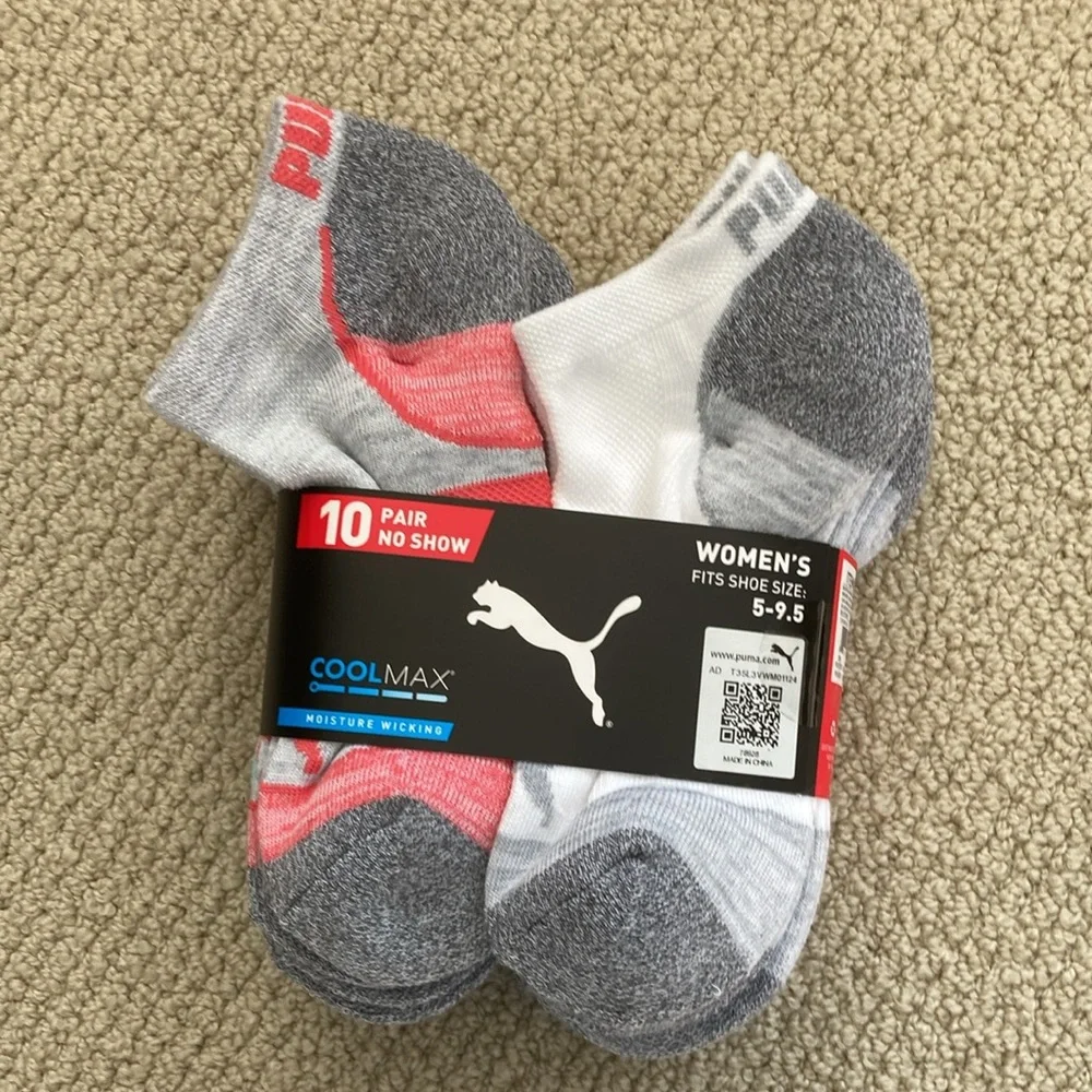 NEW Puma 10 Pairs Women’s No Show Activewear Socks Grey White Shoe Sizes 5 - 9.5